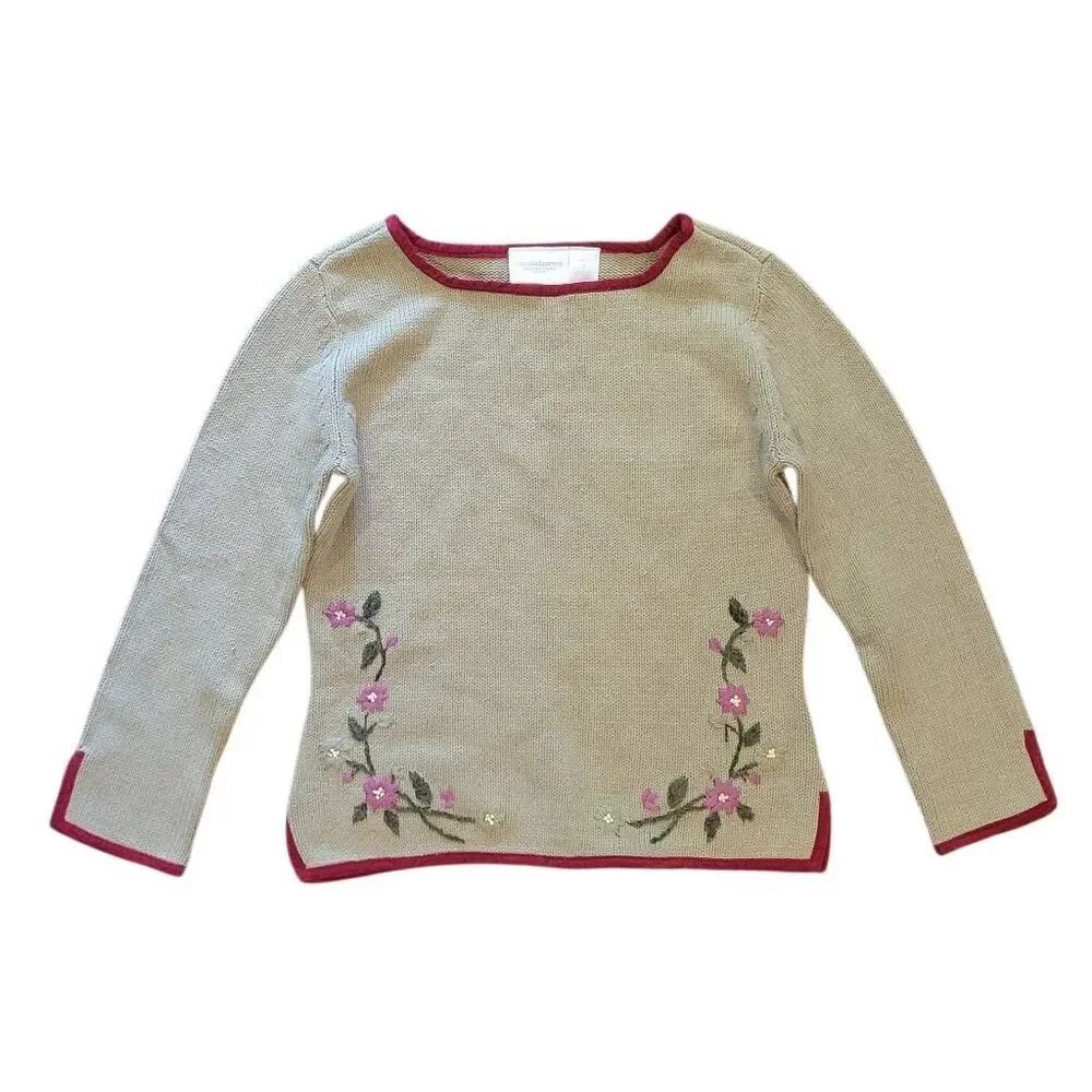 Vintage 90s Liz Claiborne Sweater Women's Petite Small Tan Embroidered Floral